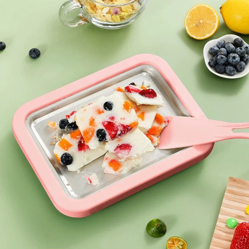Stainless Steel Ice Cream Maker Pan with 2 Scrapers Square Manual Ice Machinecold Sweet Fried Food Plate Ice Cream Maker Pan