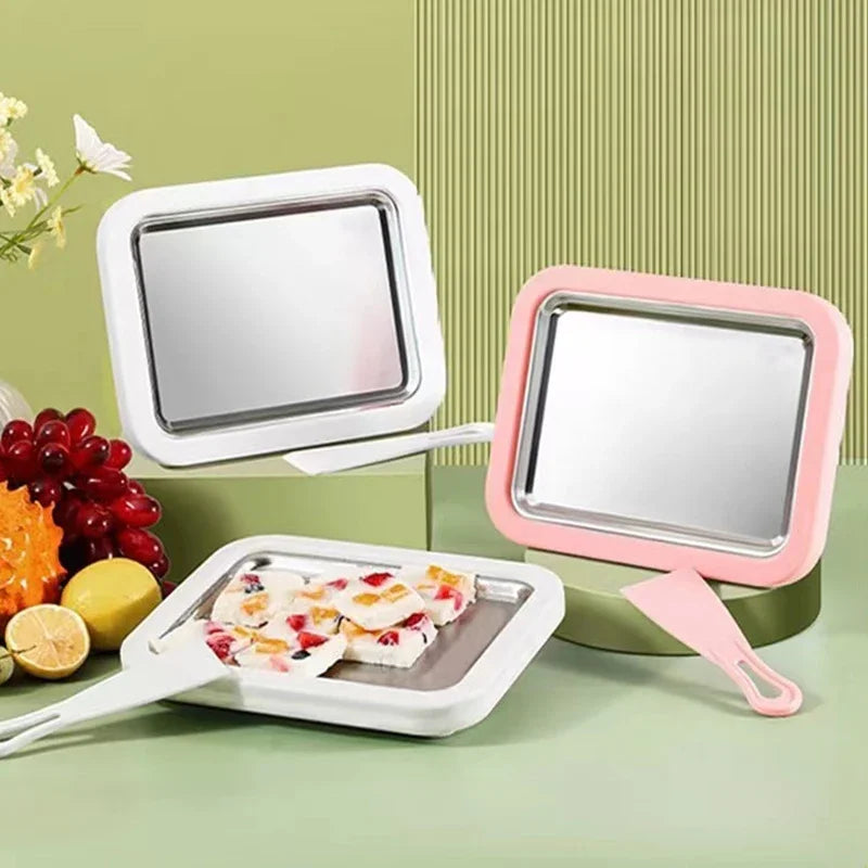 Stainless Steel Ice Cream Maker Pan with 2 Scrapers Square Manual Ice Machinecold Sweet Fried Food Plate Ice Cream Maker Pan