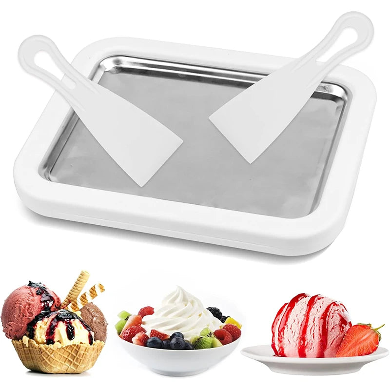 Stainless Steel Ice Cream Maker Pan with 2 Scrapers Square Manual Ice Machinecold Sweet Fried Food Plate Ice Cream Maker Pan